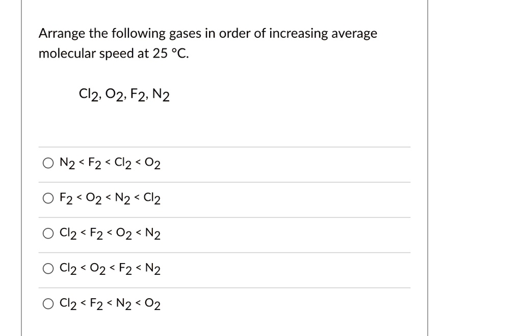 SOLVED Arrange The Following Gases In Order Of Increasing Average