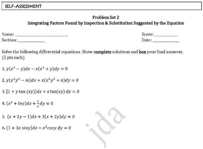 Solved Self Assessment Problem Set Integrating Factors Found By