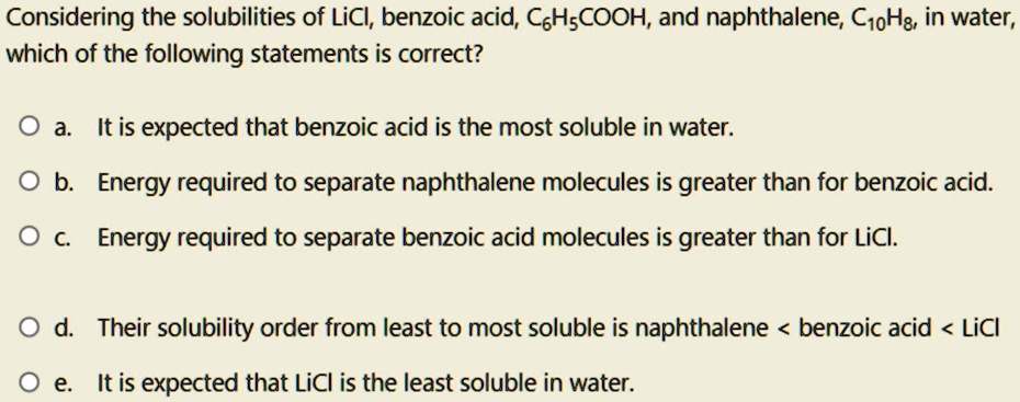 SOLVED Considering The Solubilities Of LiCl Benzoic Acid C6H5COOH