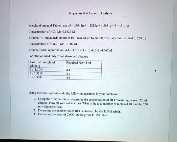 Solved Experiment Antacid Analysis Weight Of Antacid Tablet Initial