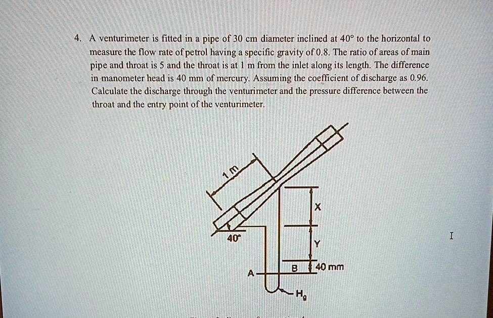 SOLVED 4 A Venturi Meter Is Fitted In A Pipe Of 30 Cm Diameter