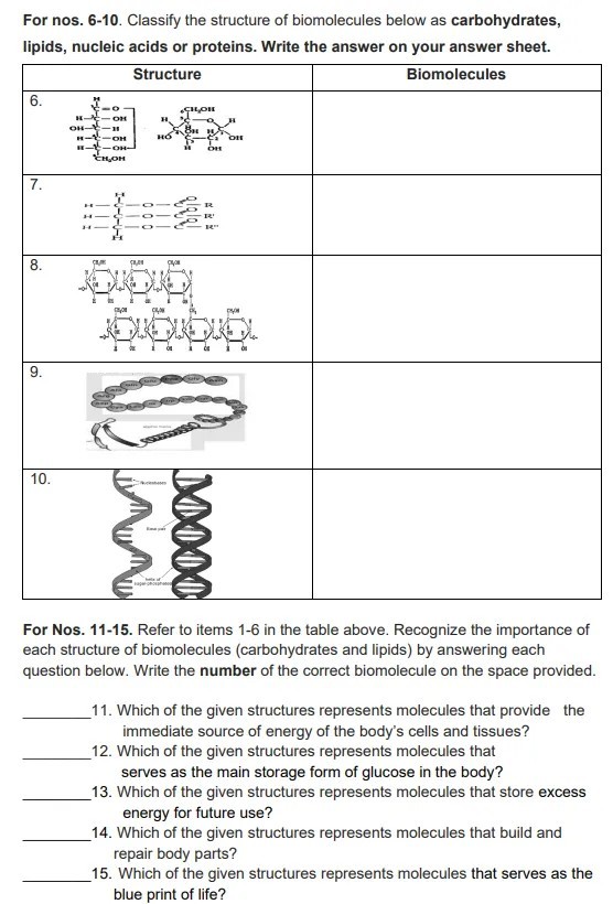 SOLVED For Nos 6 10 Classify The Structure Of Biomolecules Below As