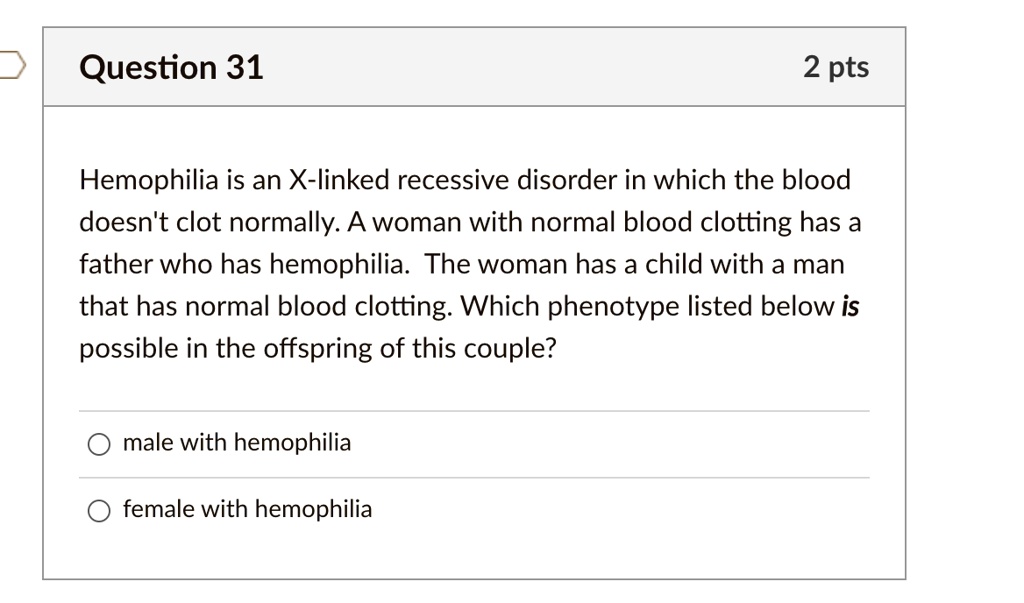 SOLVED Question 31 2 Pts Hemophilia Is An X Linked Recessive Disorder