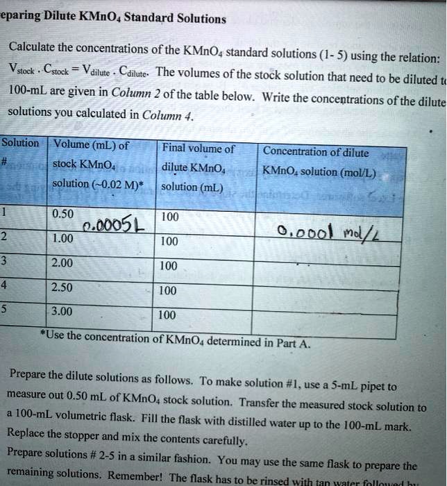 Solved Eparing Dilute Kmno Standard Solutions Calculate The