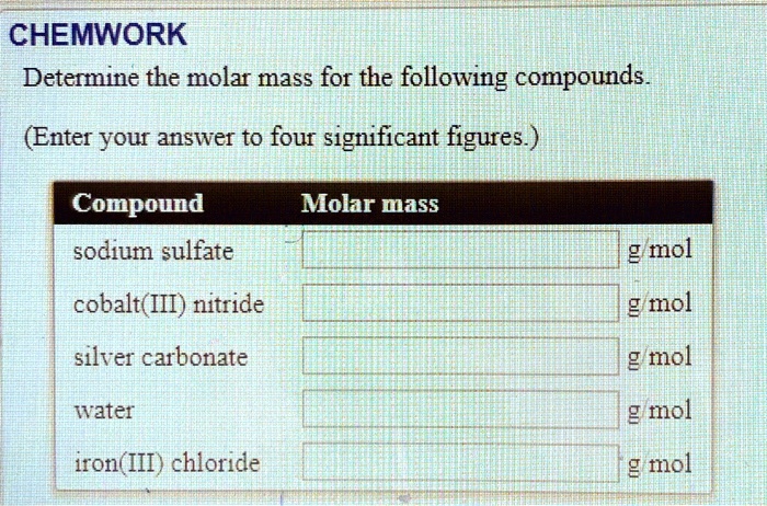 Solved Chemwork Determine The Molar Mass For The Following Compounds