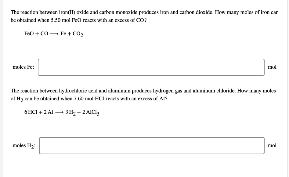 Solved The Reaction Between Iron Ii Oxide And Carbon Monoxide