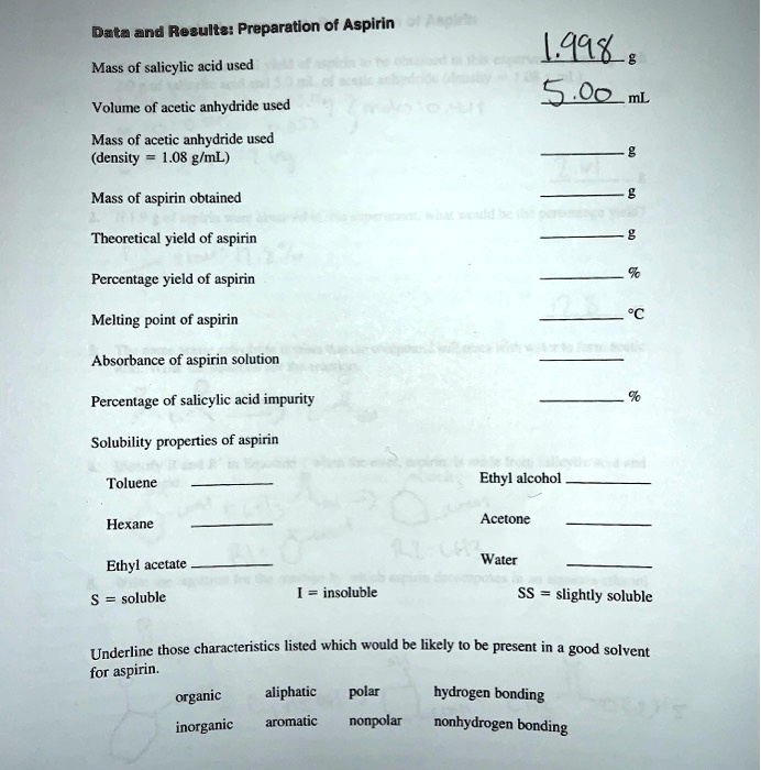 Solved Data And Resulte Preparation Of Aspirin L Ml Mass Of