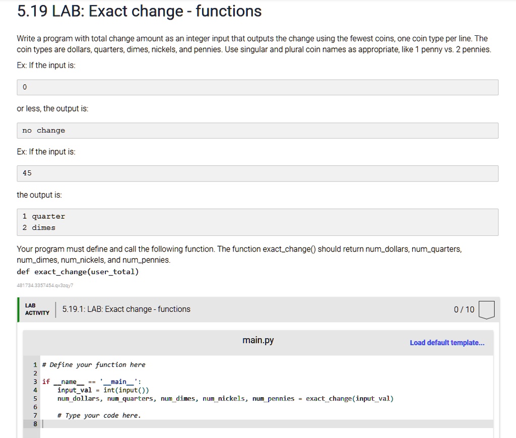 SOLVED Texts 5 19 LAB Exact Change Functions Write A Program With