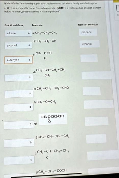 Solved Functional Group Molecule Name Of Molecule Alkane Ch Ch Ch