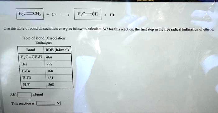 SOLVED HzCZCH IC CHz Use The Table Of Bond Dissociation Energies Below