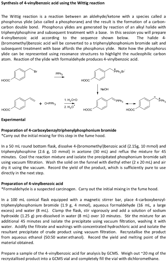 SOLVED Synthesis Of 4 Vinylbenzoic Acid Using The Wittig Reaction The