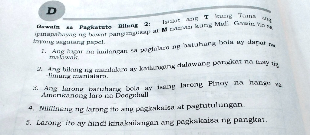 Solved Sa D Isulat Ang T Kung Tama Ang Gawain Ipinapahayag Ng Bawat