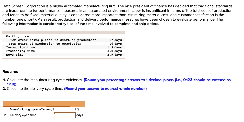 SOLVED Data Screen Corporation Is A Highly Automated Manufacturing