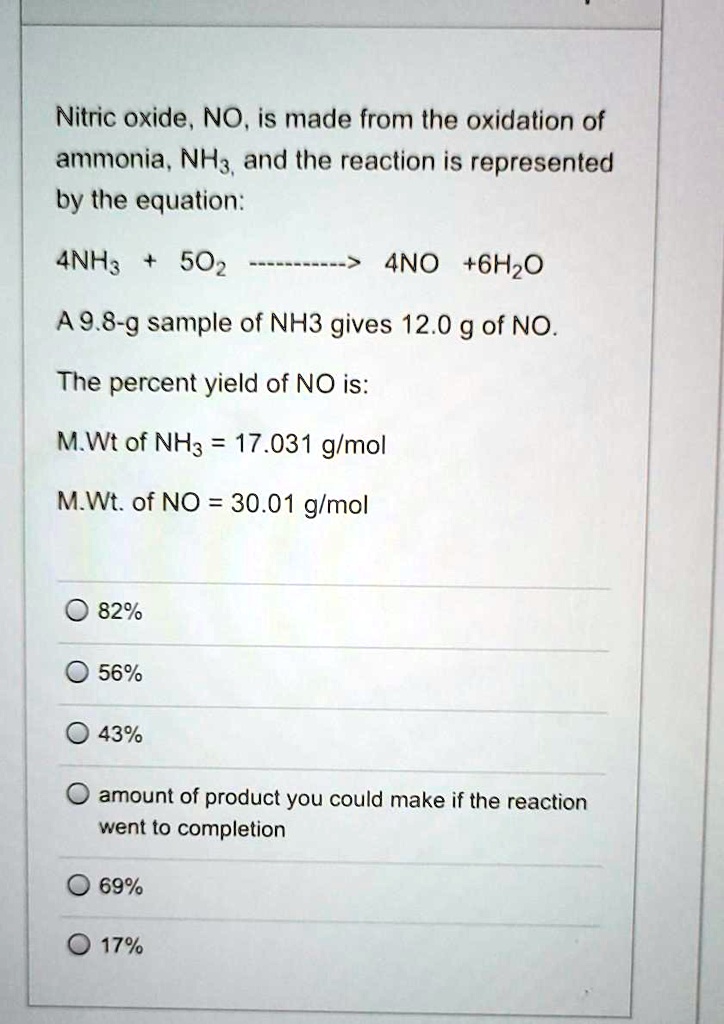 SOLVED Nitric Oxide NO Is Made From The Oxidation Of Ammonia NH