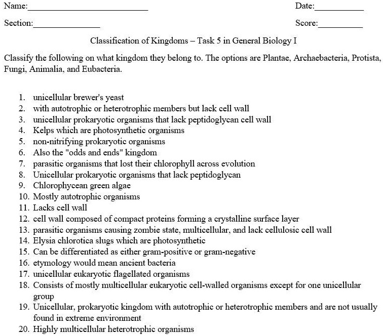 SOLVED Name Date Section Score Classification Of Kingdoms Task 5