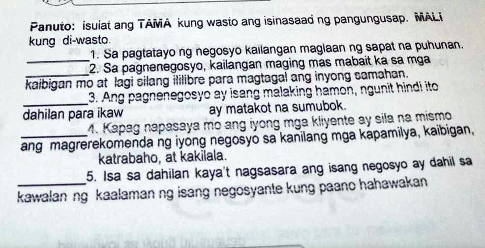 SOLVED Panuto Isulat Ang TAMA Kung Wasto Ang Isinasaad Ng Pangungusap