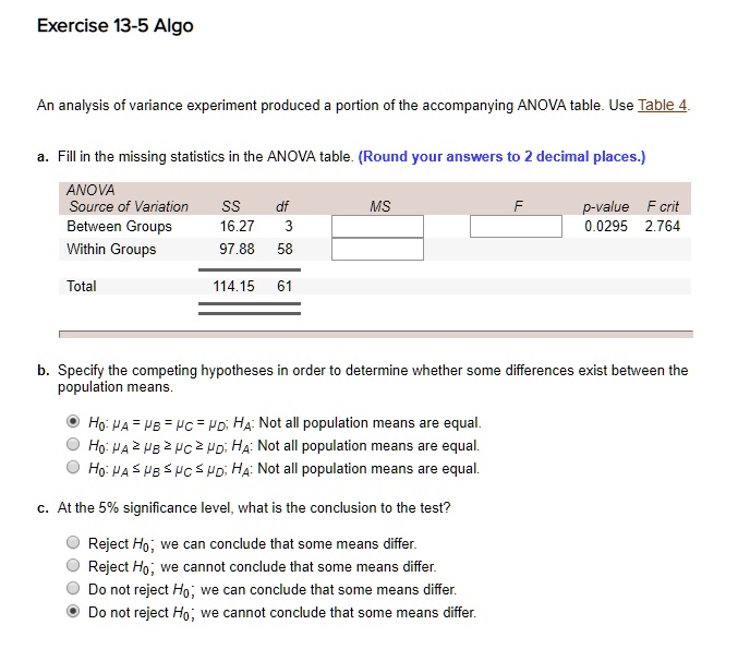 Solved Exercise Algo An Analysis Of Variance Experiment Produced