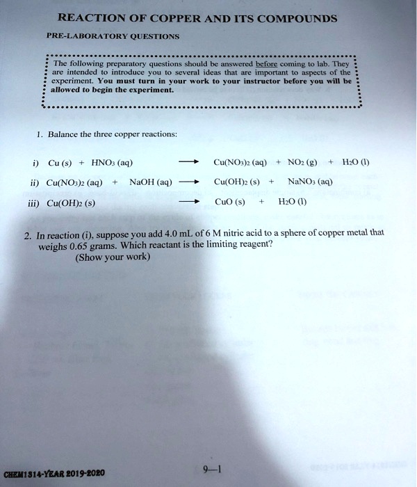 Solved Reaction Of Copper And Its Compounds Pre Lakoratory Questions