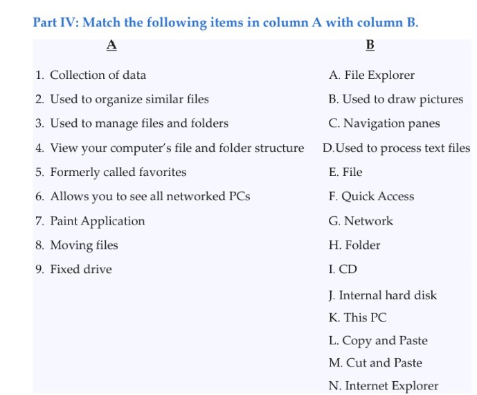 SOLVED Part IV Match The Following Items In Column A With Column B A