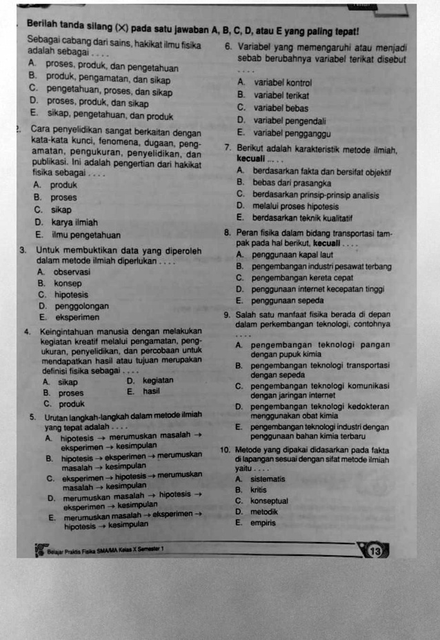 SOLVED Tolong Bantu Jawab Ipa Kelas 10 Berilah Tanda Sllang X Pada