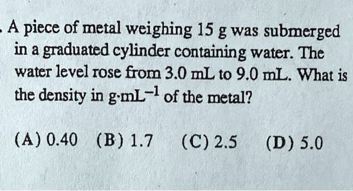 SOLVED A Piece Of Metal Weighing 15 G Was Submerged In A Graduated