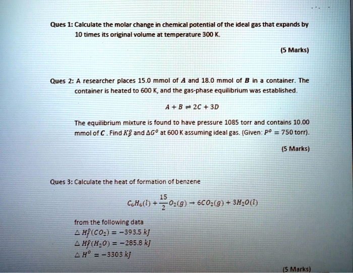 Ques 1 Calculate The Molar Change In Chemical Potential Of The Ideal