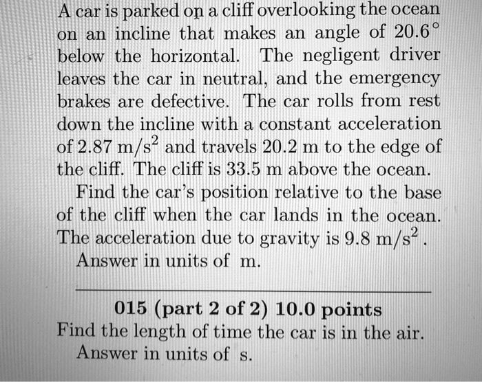 Solved A Car Is Parked On Cliff Overlooking The Ocean On An Incline