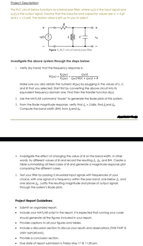 SOLVED Project Description The RLC Circuit Below Functions As A