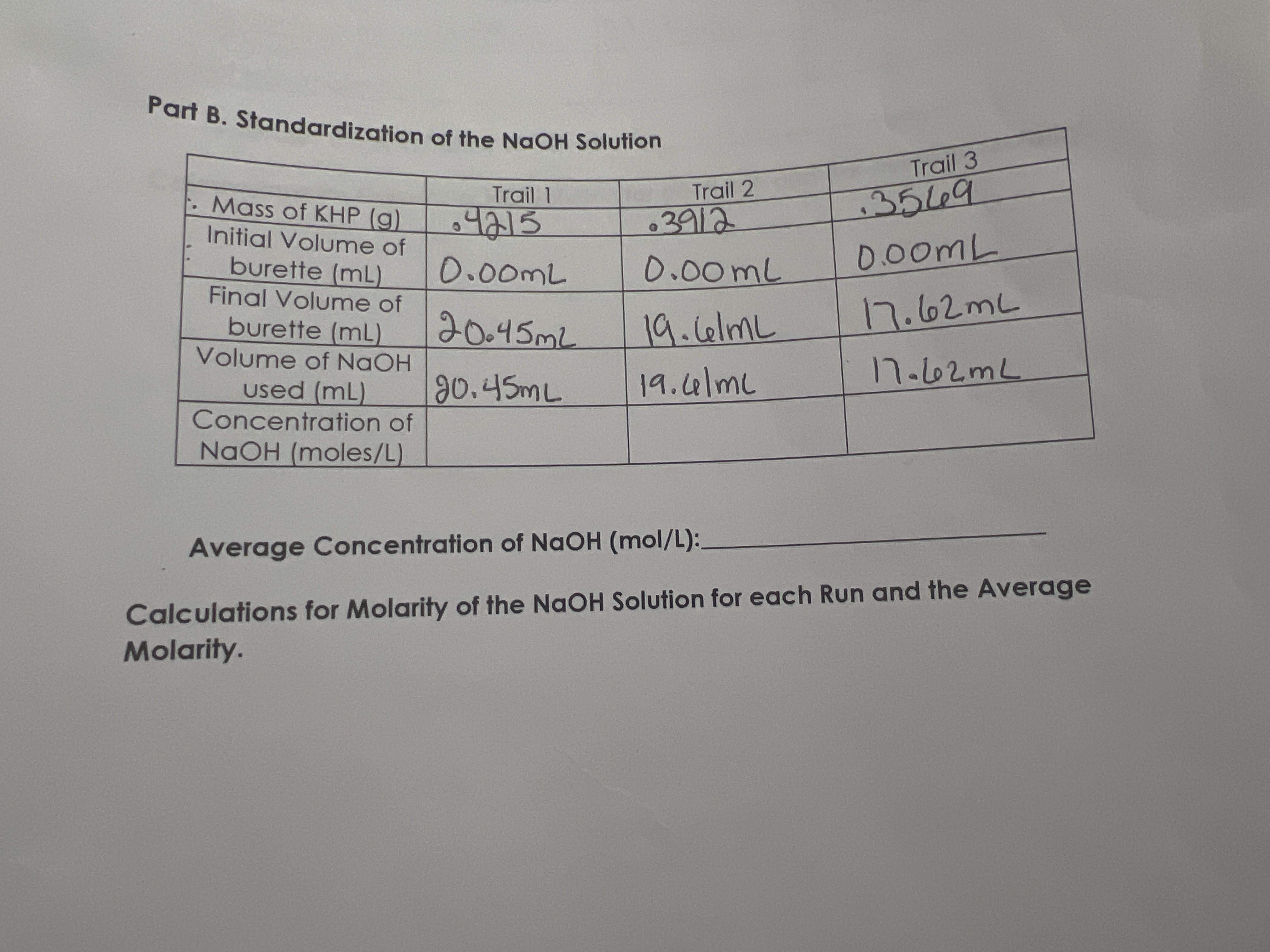 SOLVED Part B Standardization Of The NaOH Solution 3 C Trail I Mass