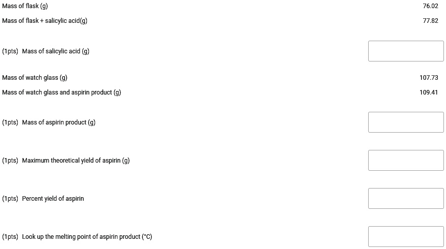 Solved Mass Of Flask G Mass Of Flask Salicylic Acid G