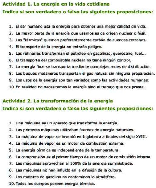 Solved Es Verdadero O Falso Actividad La Energia En La Vida