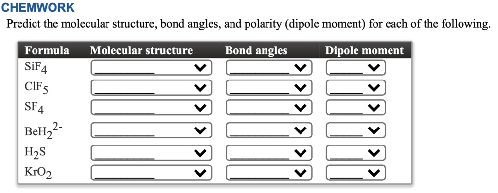 Chemwork Predict The Molecular Structure Bond Angles And Polarity