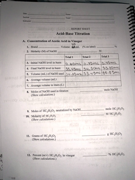 SOLVED Sc4nn Inuclut REPORT SHEET Acid Base Titration Concentration Of