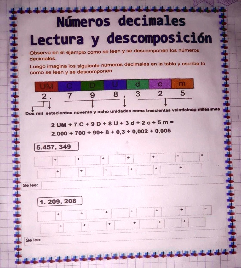 SOLVED Números decimales Lectura y descomposición Observa en el