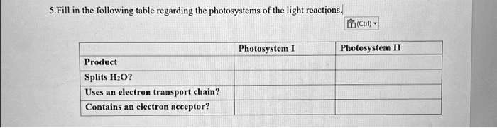 SOLVED 5 Fill In The Following Table Regarding The Photosystems Of The