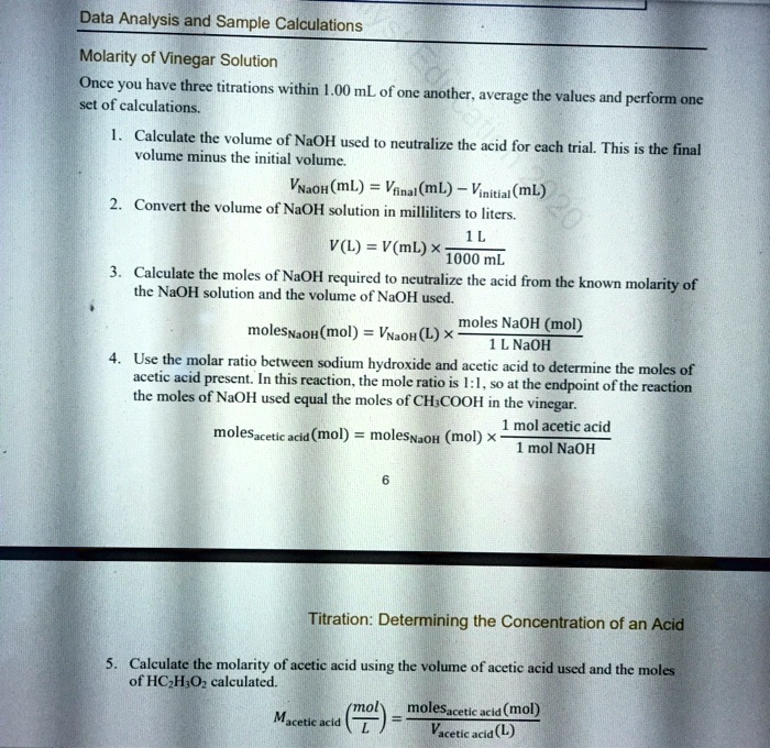 SOLVED Data Analysis And Sample Calculations Molarity Of Vinegar