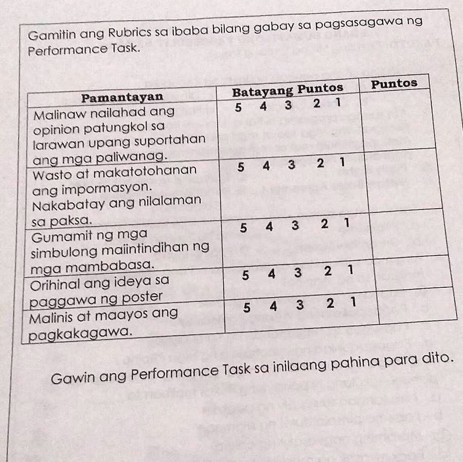 Solved Gamitin Ang Rubrics Sa Ibaba Bilang Gabay Sa Pagsasagawa Ng