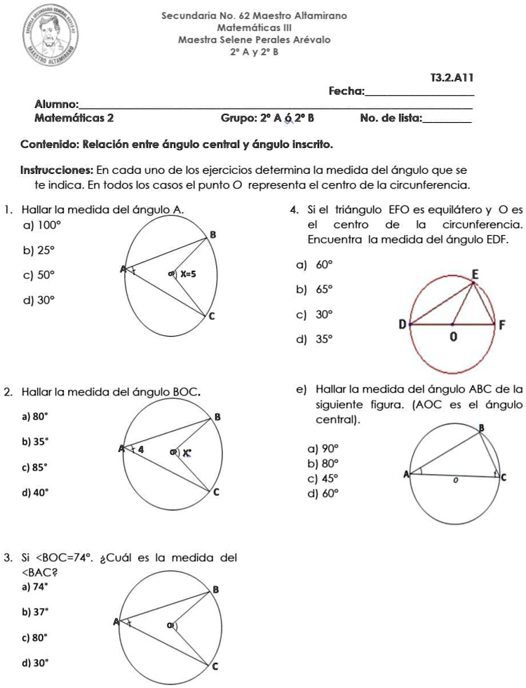 SOLVED Hallar La Medida Del Angulo A Secundaria No 62 Maestro