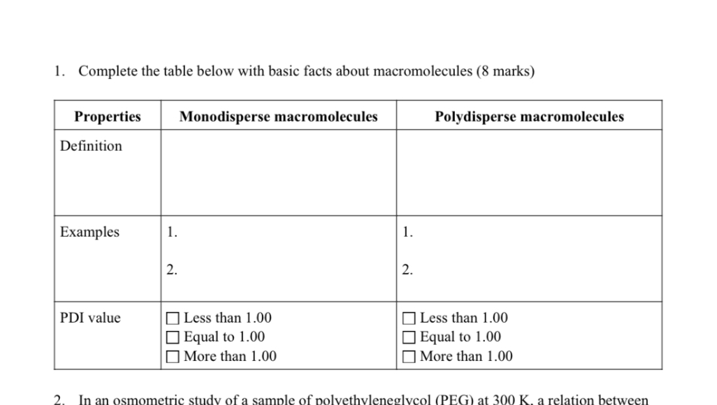 Complete The Table Below With Basic Facts About Macromolecules