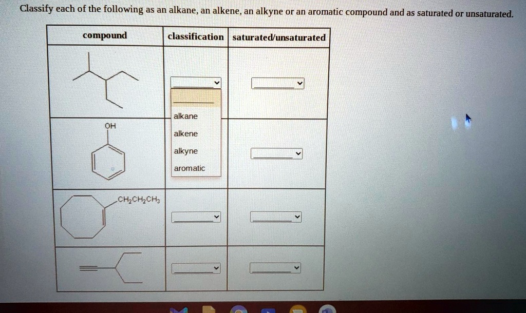 SOLVED Classify Each Of The Following As An Alkane An Alkene An Alkyne