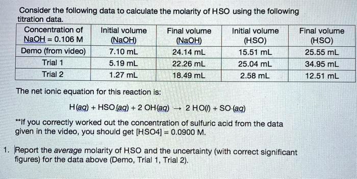 SOLVED Consider The Following Data To Calculate The Molarity Of HSO