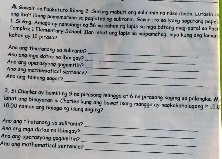 Solved A Gawain Sa Pagkatuto Bilang Suriing Mabuti Ang Suliranin Na