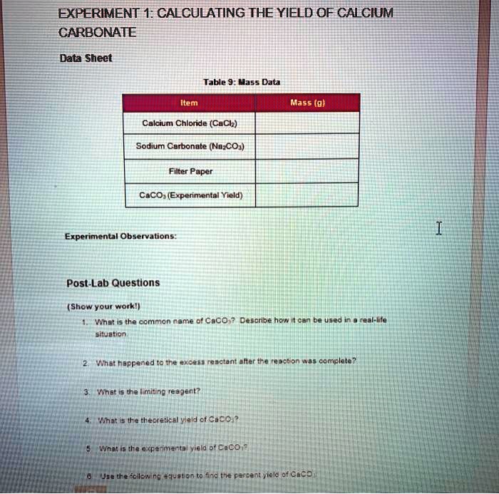 Solved Experiment Calculating The Yield Of Calcium Carbonate Data