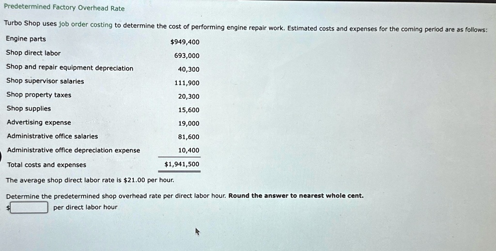 Solved Predetermined Factory Overhead Rate Turbo Shop Uses Job Order