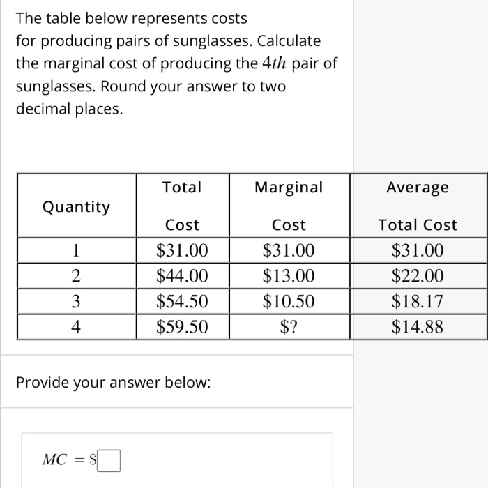 SOLVED The Table Below Represents Costs For Producing Pairs Of