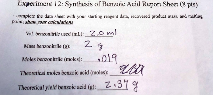 Solved Experiment Synthesis Of Benzoic Acid Report Sheet Pts