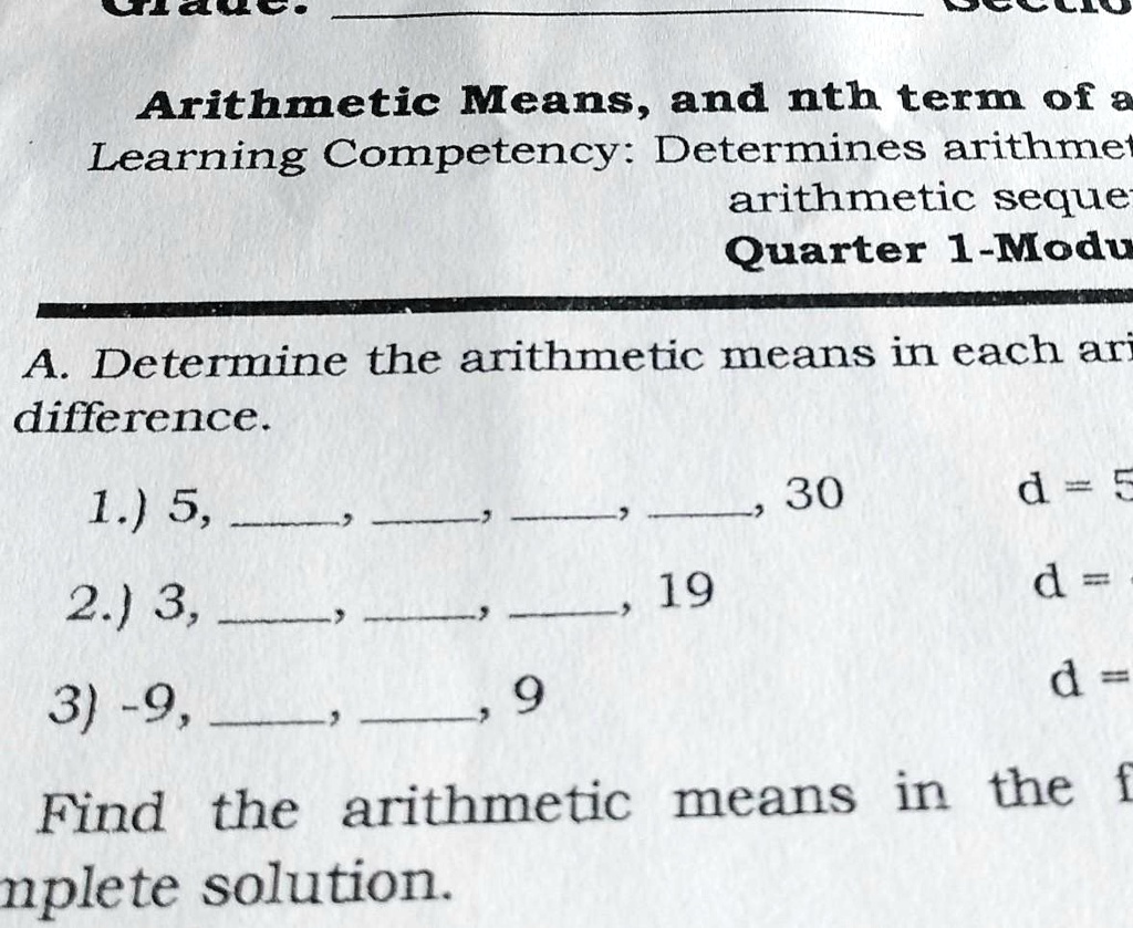 SOLVED A Determine The Arithmetic Means In Each Arithmetic Mean