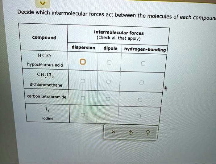 Solved Decide Which Intermolecular Forces Act Between The Molecules Of