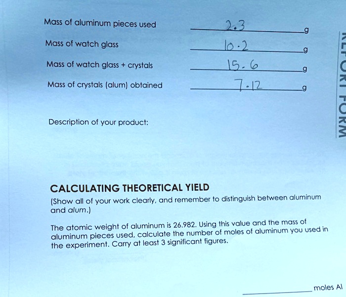 SOLVED Mass Of Aluminum Pieces Used Mass Of Watch Glass Mass Of Watch