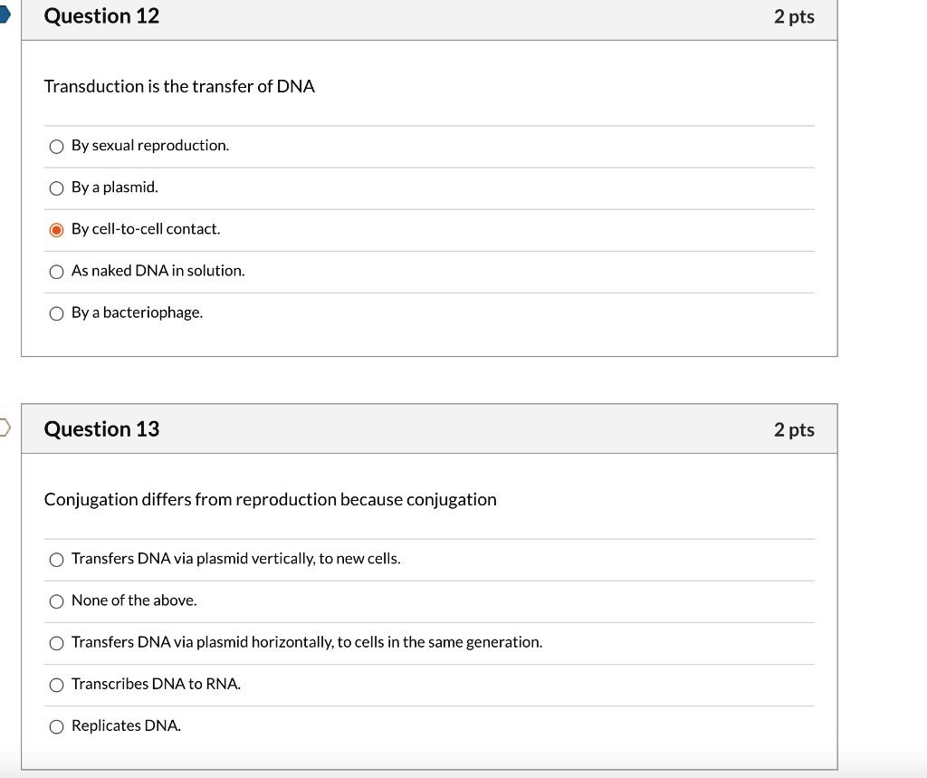 SOLVED Question 12 2 Pts Transduction Is The Transfer Of DNA By Sexual